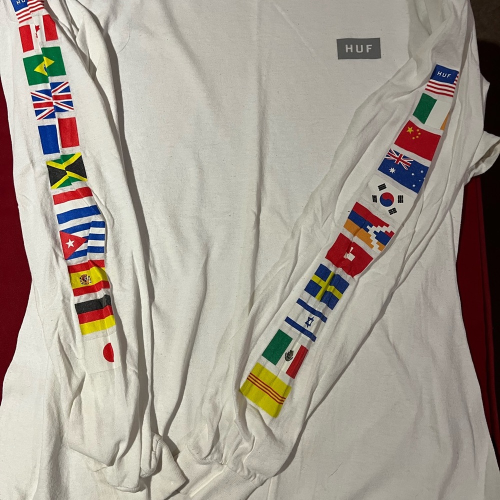 HUF White Long Sleeve Tee with Multicolor Flag Design